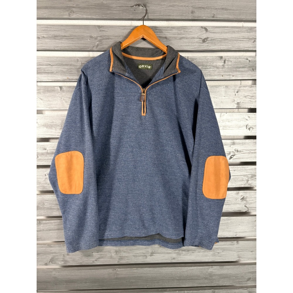 Orvis Mens XL Blue 1/4 Zip Pullover Sweater Leather Elbow Patches /Trim